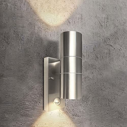 EXTRASTAR Outdoor Wall Lights PIR Motion Sensor, GU10 Base Double Up Down Exterior Wall Sconce, IP44 Stainless Steel Outdoor Wall Light for Garden, Patio, Balcony, Porch, Garage（Bulb not Included）