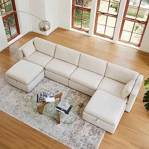 CHITA Oversized Modular Sectional Fabric Sofa Set, Extra Large U Shaped Couch, 146 inch Width, 6 Seat Modular Sofa with Storage Ottamans, Beige