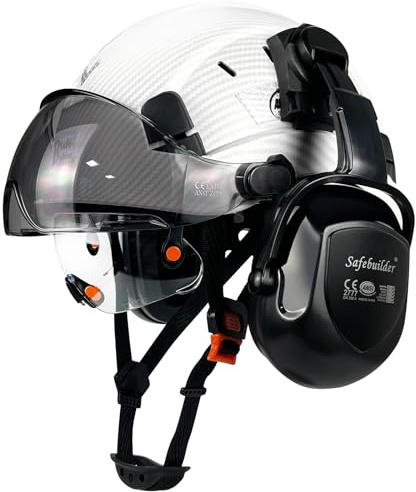 SAFEBUILDER Safety Helmet With Visor Ear Muffs Work at Hight Carbon Fiber Abs Hard Hat For Industrial Construction Head Protection ANSI Z89.1 Approved(01-Matte White+Clear&Tinted Visors+B07E Earmuffs)