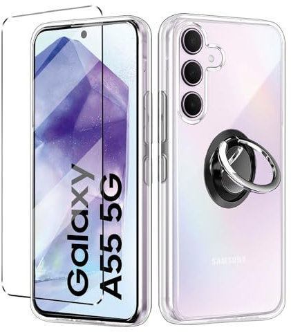 HuiYouMY hülle mit Glas 1Pcs für Samsung Galaxy A55 5G Folie,mit Ring,hülle silikon stoßfest für Samsung Galaxy A55 5G schutzhülle schutzfolie schutzglas Folie handyhülle Clear
