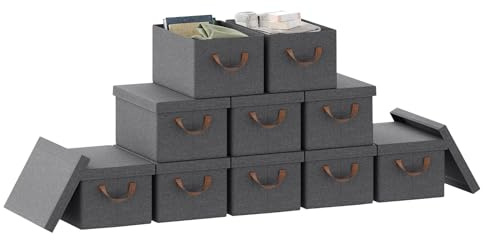 WOLTU Faltbare Aufbewahrungsboxen 10 Stück, Stoffboxen mit Deckel, Aufbewahrungskörbe für Kleidung, Bettdecke, Spielzeug, Grau, 38x27x20cm