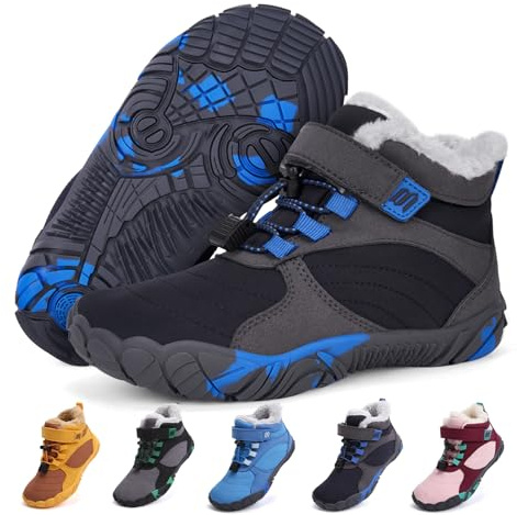 BibYuga Barefoot Shoes Winter Children's Winter Shoes Girls Boys Barefoot Shoes Children Winter with Warm Lining, Water-Repellent Winter Boots Outdoor Non-Slip Trail Running Shoes, darkblue, 11.5 UK