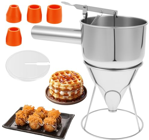 1 200 ml degportionerare, rostfritt stål, pannkaksdegdispenser med 4 utbytbara silikonmunstycken, lock, stöd, baktratt, återanvändbar degdoserare för kex, cupcakes och praliner