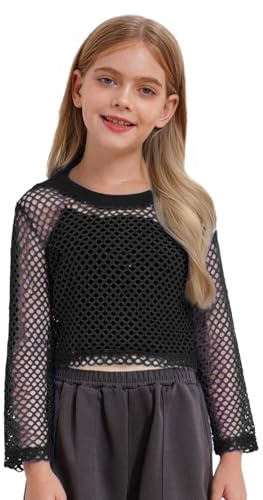 Enfants Filles Filet de Pêche T-Shirt Manche Longue, Tenue Quotidienne Hip Hop Danse de Rue, Crop Top Jazz pour Performance, Loisirs et Style Urbain