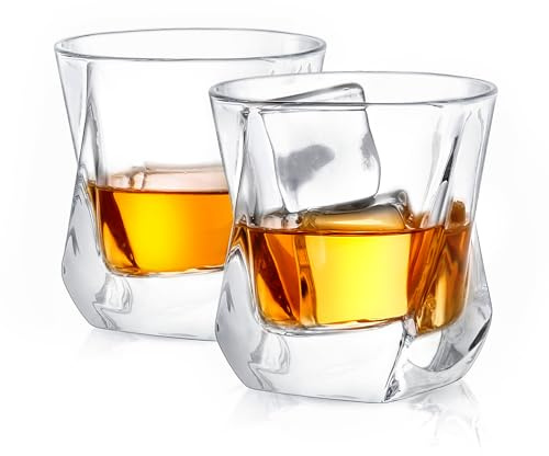 JoyJolt Aurora Crystal Whiskey Glasses, 7.4oz Twisted Whiskey Glass Set of 2, Old Fashioned Liquor and Drinking Glasses, Crystal Scotch Whisky Glass Set for Bourbon