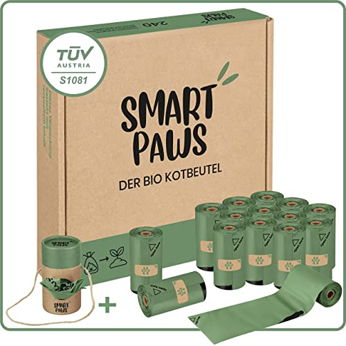 SMARTPAWS Hundekotbeutel biologisch abbaubar (heim- kompostierbar) mit Bio Beutelspender | 240 zertifizierte Kotbeutel für Hunde | Extra starke Hundebeutel
