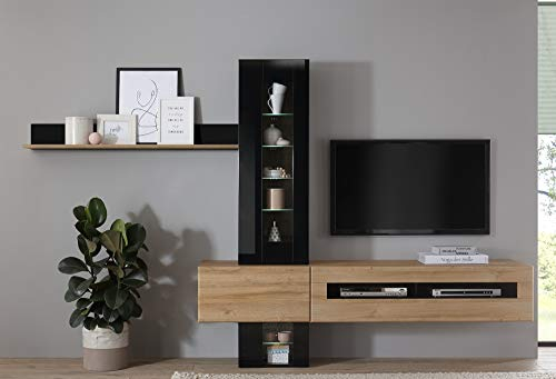 Wohnkombination Ruby VI schwarz/Grandson Oak hell Dekor 210x200x38-48cm Wohnzimmermöbel Anbauwand TV-Wand TV-Element Wohnzimmerschrank Stauraum Größe ohne Beleuchtung