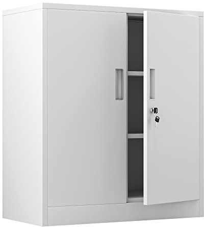 Aktenschrank Büroschrank Lagerschrank Metallschrank Stahlschrank, Aufbewahrungsschrank aus Metall mit verschließbaren Türen und 2 verstellbaren Regalen 92x80x40cm (Weiß)