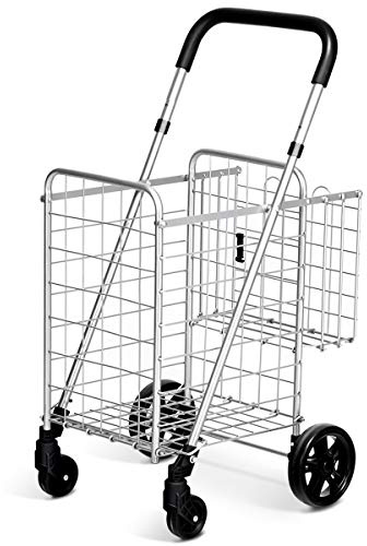 COSTWAY Folding Shopping Trolley on Wheels, Height Adjustable Metal Grocery Utility Cart with Back Basket & Foam Covered Handle, Portable Luggage Utility Push/Pull Carts (Silver)