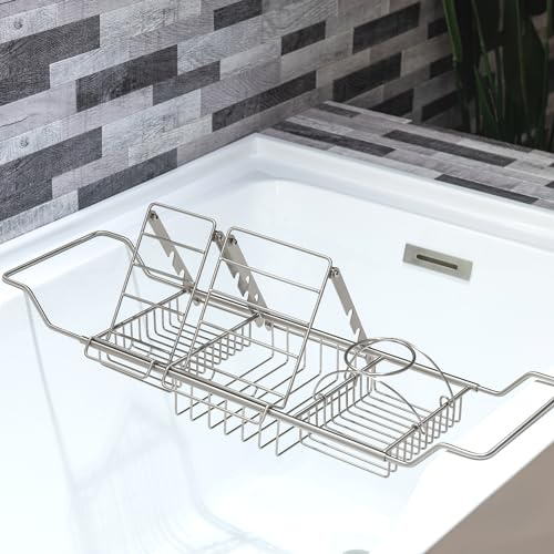 Woodbridge Stainless Steel Extendable Bathtub Caddy Tray in Brushed Nickel Finish with Removable Wine Holder, Book and Phone Rack, Bathcad-BN
