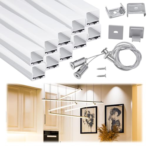 Muzata 10Pack 3.3FT/1M Spotless LED Channel with Hanging Wire No Hot Spots Silver Aluminum LED Strip Diffuser Channel with Milky White Cover U116 WW 1M