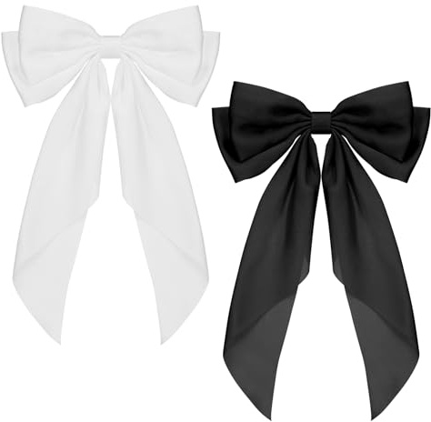 2 PCS Bow Hair Clips Solid Color Bow French Automatic Hair Clip with Long Silky Satin Tail Large Bows for Simple Women Girls Barrettes Hair Fastener Accessories(Black&White)