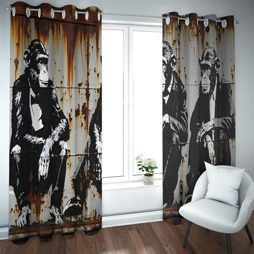 CHERHERART Graffiti Monkey Verdunkelungsvorhänge für Bauernhaus Retro-Stil Lichtschutzvorhänge für Schlafzimmer Ösenfensterverkleidungen 2 Paneele B132xH225