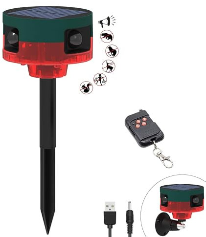 QXMH Solar-Bewegungssensor-Alarm im Freien: Hundegebell und Schussgeräusch, 129 dB lauter Geräuschmacher, Unterstützung der Aufnahme, 13 Arten von Sound-Stroboskoplicht mit USB, bellender Hundealarm