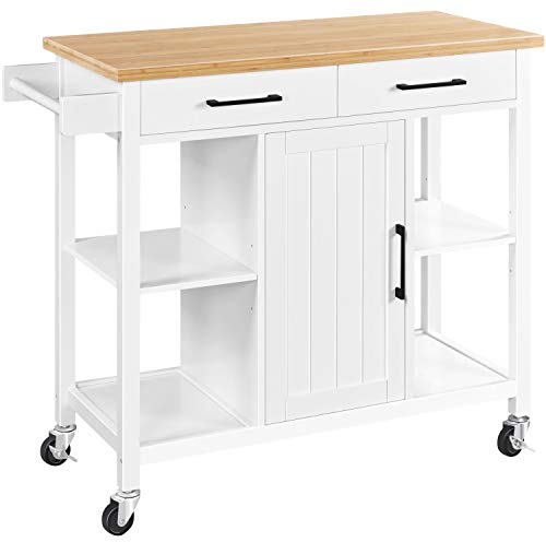 Yaheetech Servierwagen mit Schubladen und Schrank, Küchenschrank mit Ablagefächer und Handtuchhalter, Küchenwagen auf Rollen, Kücheninsel aus MDF-Holzplatten, für Küche/Esszimmer/Wohnzimmer, Weiß