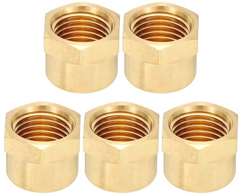 PATIKIL 1/4 NPT Female Brass Pipe Fitting Cap, 5Pcs Hex Head Brass Tubing Cap Thread Ends Cap Sealing Fittings for Refrigeration, Gas, Air, Water, Oil Line, Brass Tone