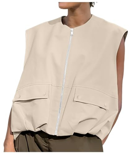 üBergroßE Cargo-Weste FüR Damen, Weste äRmellos,LäSsig, äRmellos, Lockere Passform, Gilet,Leichte,Anglerweste,ReißVerschluss, Blazer, Weste, Tops Mit Taschen 002 Khaki?L