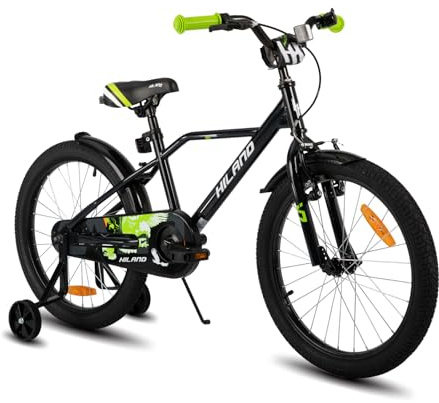 HILAND 20 Zoll Kinderfahrrad, Jungen Fahrrad für 7 8 9 10 Jahre, mit Stützrädern, Kinderfahrrad mit Handbremse und Rücktrittbremse, Schwarz und Grün