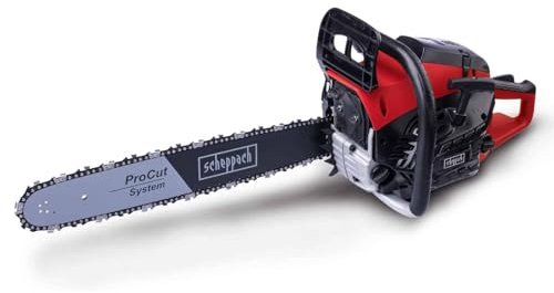 Scheppach Tronçonneuse à essence PCS46 - Tronçonneuse thermique - Moteur à essence 2 temps 2,4 CV - 1,8 kW - Lame et chaîne ProCut 18/45 cm - Longueur de coupe 43 cm - 46 cm3