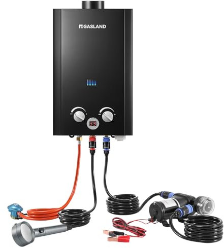 GASLAND BE264BQ120 Tankless Water Heater 10 Liter Gas Water Heater with Water Pump for Outdoor Use Butane (28-30 mbar)/Propane (37 mbar) for Camping, RV, Barn