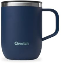 QWETCH - Taza Térmica de Acero Inoxidable Reciclado con Asa 350 ml Azul Noche - Taza Térmica para Café y Té - Mantiene 6h Caliente & 12h Frío - Tapa Deslizante Antiderrames & Compatible con Infusores