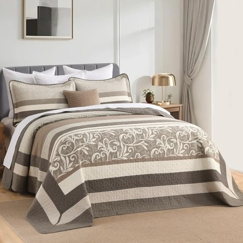 QuiltMuse 100% Cotton Oversized Bedspread King Size 120x120 - Lightweight Cal King Quilt with 2 Pillowshams, Farmhouse Botanical Striped Pattern Quilted Bedding Coverlet, 3 Pcs, Beige/Dark Brown