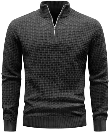 Zaitun Mens Quarter Zip Jumper Waffle Knitted Turtleneck Sweater Warm Long Sleeve Tops Casual Mock Neck Pullover Black