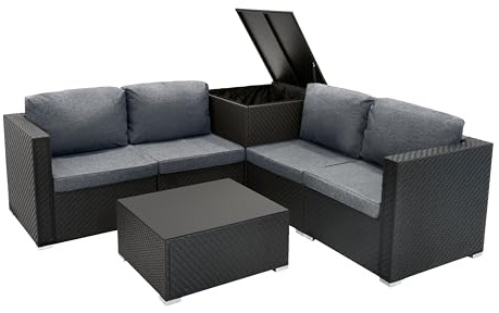 Rattan Garden Corner Furniture Set Outdoor Premium 6 Piece Black 4 Seater Modular Sofa Chairs With Cushions Glass Top Coffee Table 250L Storage Box Metal Frame Patio Lounge Seat FREE Rain Cover