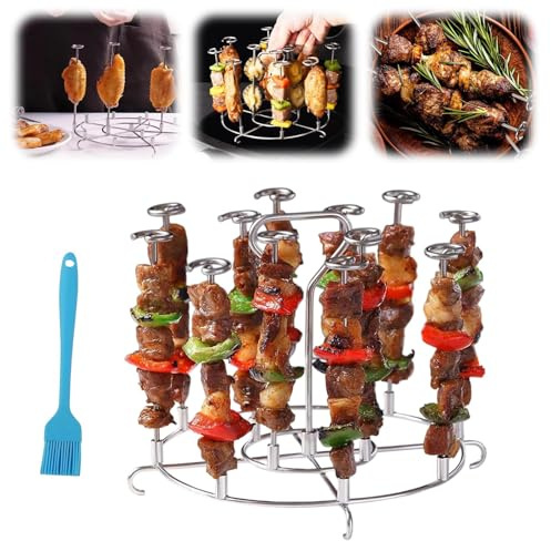 Air Fryer Skewer Stand, 304 Stainless Steel Kebab Grill Rack Holder with Oil Brush, Compatible 6QT Air Fryer Accessories for Grilling Home Kitchen, Fruit, Meat Barbecue, Party