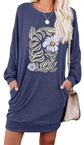PrinStory Women Jumper Dress Long Sleeve Casual Loose Winter Dresses Knitted Pullover Tunic Tops with Pockets UK Size 6-8 (Flower Blue Square, S)