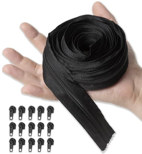 IPEA Cerniera Lampo Catena Continua misura #5 Nera - [ 5 METRI + 15 CURSORI IN METALLO ] - Made in Italy - Zip Ritagliabile per Cucito, Abbigliamento, Accessori - Larghezza 30 mm - Nero Grigio