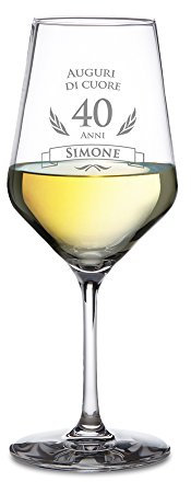 AMAVEL Calice da Vino Bianco con Incisione per il Compleanno, Auguri di Cuore 40 Anni, Personalizzato con Nome, Regali Originali per Lui e Lei, Bicchiere in Vetro Chiaro