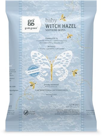 Grab Green Baby Witch Hazel Soothing Wipes, 32 Wipes, Dreamy Rosewood Scent, Plant and Mineral Based, Biodegradable, Soothe Common Skin Irritations Such as Diaper Rash, No Alcohol, Packaging May Vary