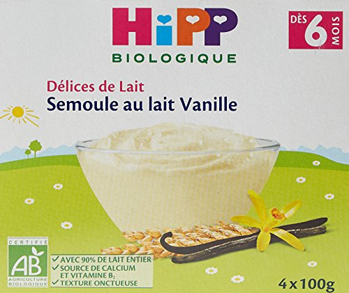 Hipp Biologique Délices de Lait Semoule au Lait Vanille dès 6 Mois - 4 Coupelles de 100 g