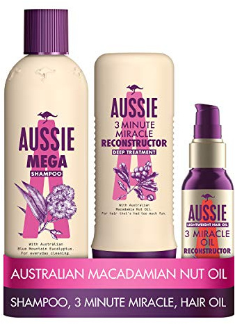 Aussie Mega Shampoo and Conditioner Set with Clarifying Shampoo, 3 Minute Miracle Deep Conditioner and Hair Oil, for Damaged Hair, with Australian Blue Mountain Eucalyptus Extract, Cruelty-free