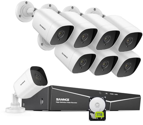 SANNCE Kit de Vigilancia 8CH DVR 5MP Lite 5-en-1 con 1TB Disco Duro Instalado + 8 Cámaras Sistema de Seguridad 1080P IP66 Impermeable IR-Cut Leds Acceso Remoto-1TB HDD