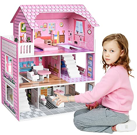 VA-Cerulean Puppenhaus aus Holz mit Möbeln,Prinzessin Puppenvilla Spielset,Rosa Simulations Puppenstube für Kinder ab 3 Jahren,Puzzlespiel,Szenario(Typ A)