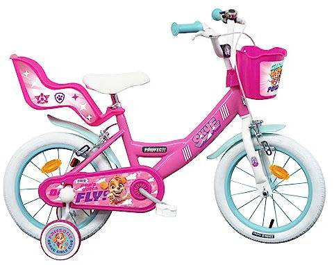 Vélo ATLAS Mädchen Vélo de La Pat' Patrouille 16'' Stella Mädchenfahrrad von Paw Patrol, ausgestattet mit 2 Bremsen, vorderem Korb, hinterem Dolly-Träger, Schutzblechen und Stabilisatoren, Pink, 16