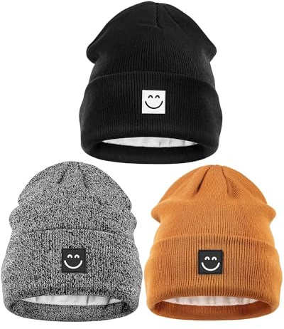 Hispeka Winter Beanie Hats for Women Men 3Pack,Fleece Lined Womens Winter Hats with Smiley Face,Warm Cute Beanie for Cold Weather（Camel+Black+Black/White）