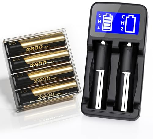 Matbc 4 Pack 3.7 V 18650 Rechargeable Battery Flat top with Charger, 18650 Lithium-ion Rechargeable Battery Set