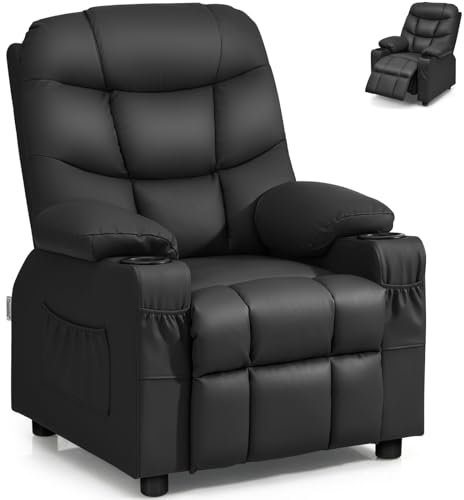 GYMAX Kids Sofa Chair, PU Leather Children Recliner Armchair with Adjustable Backrest & Footrest, Cup Holder and Side Pockets, Upholstered Toddler Lounge Chair for Boys Girls (Black)
