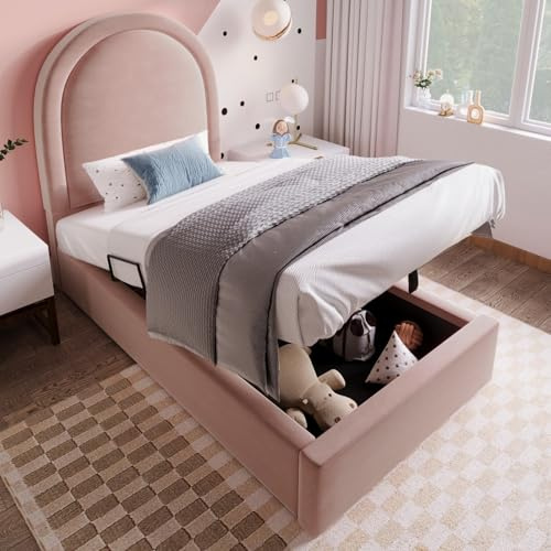 KOMHTOM Lit d'enfant avec Rangement sous Le Velours, Rembourré avec Sommier à Lattes et Tête de Lit, Hydraulique(sans Matelas) (Rose-90x190 cm)