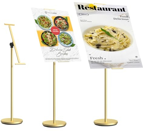 RMNKTHC Supporto per poster | altezza regolabile 60-100 cm | formato verticale/orizzontale + base Ø 28 cm | supporto per poster per negozi/fiere (oro)