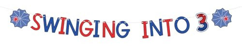 SAVITA Spider 3rd Birthday Banner, Pre-Strung Swinging into 3 Banner Cartoon Spider Web Party Decor for Boys Baby Showers & 3rd Birthday Celebrations
