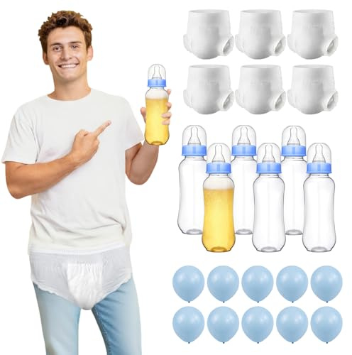 Brikabia Bottle Chug Baby Shower Game Set - 6 Sets Hilarious Juegos para Baby Shower Big Bottles Adult Diapers Balloons for Bottle Chug Changing Diaper Race Gender Reveal Party Decorations