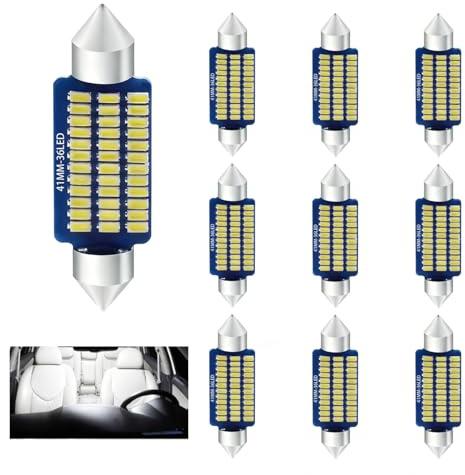 10 Pezzi 41mm Lampadine LED Auto Interni, Lampadine 41mm 12V Festoon 36 SMD 3014, 12V 3W Bianco Super Luminoso, Luci Interne Auto Cupola Porta Lettura Soffitto Bagagliaio Plafoniera Targa Camper