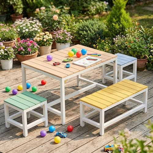MAMIZO Set Tavolo e Sedie per Bambini da Giardino, Tavolo e Sedie in Legno con Copertura Impermeabile, 2 sgabelli, Adatto a Bambini dai 3 Anni in su, Adatto per Giardini, Patii e Picnic