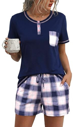 Litherday Women's Pyjamas Sets Cotton Short Sleeve Soft 2 Pieces Pjs Set Loungewear Sleepwear Nightwear Casual Summer Checked Shorts with Pocket Navy Blue
