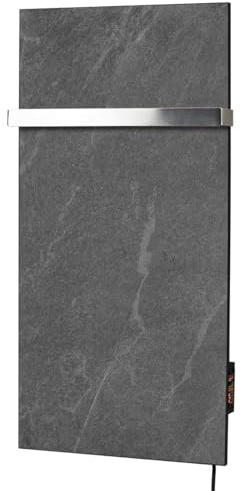 Kamin 300W Ceramic Infrared Heater Panel - Energy Efficient Wall Mounted Electric Radiator with Smart Thermostat, Weekly Timer, Towel Holder - Slim Low Energy Bathroom Heater (Black, 1 towel rail)