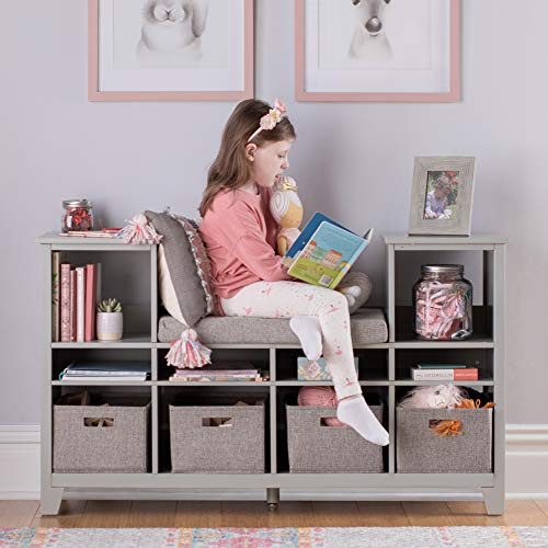 Martha Stewart Kids' Reading Nook - Gray: Wooden Storage Bench Bookcase Organizer with Seat Cushion, Book Shelves, and Fabric Bins for Bedroom or Playroom